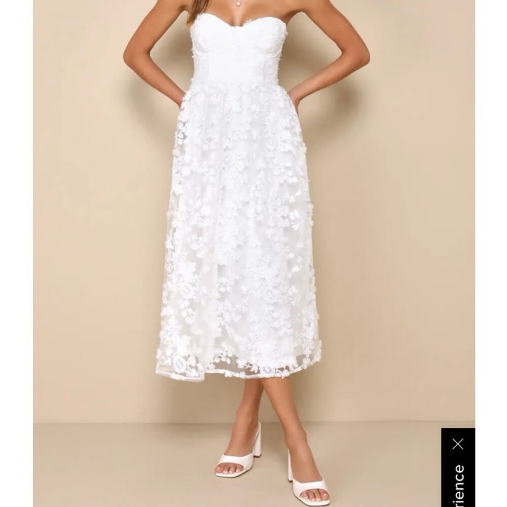 Lulus Quite Perfect White Floral Embroidered Strapless Midi Dress size S